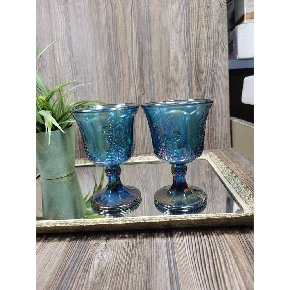 2 Vintage Harvest Blue Carnival Glass Water Goblets